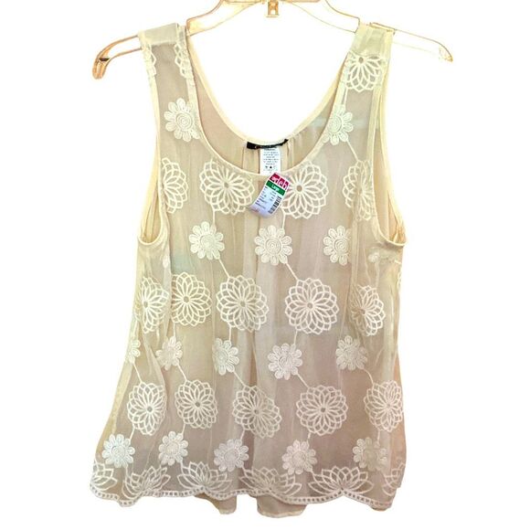 Cream Semi-Transparent Net & Embroidered Top L - Picture 1 of 4